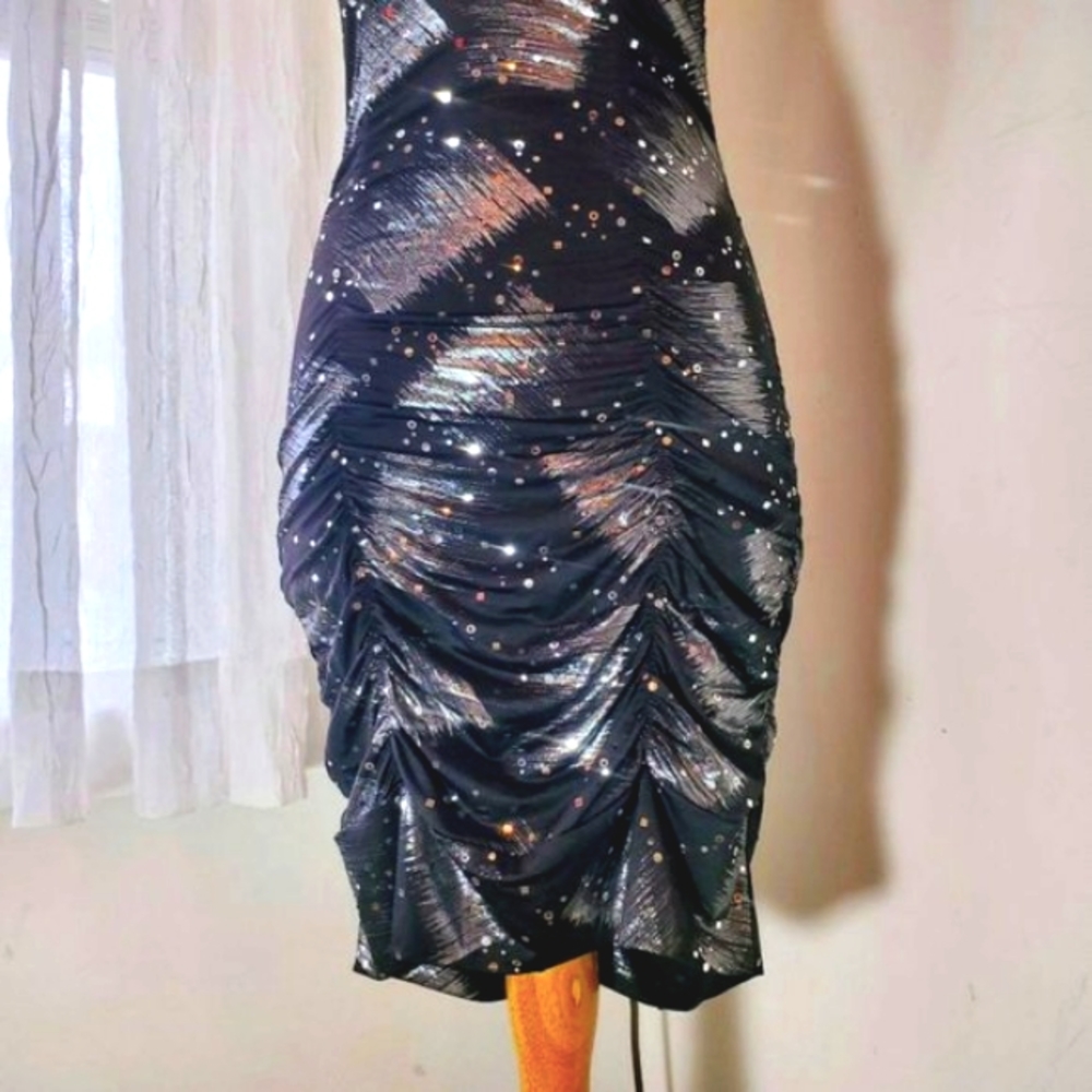 Dress Taboo Women Low Neckline Crossed Cutout Back Silver Sparkle Black Dresses - Picture 6 of 11